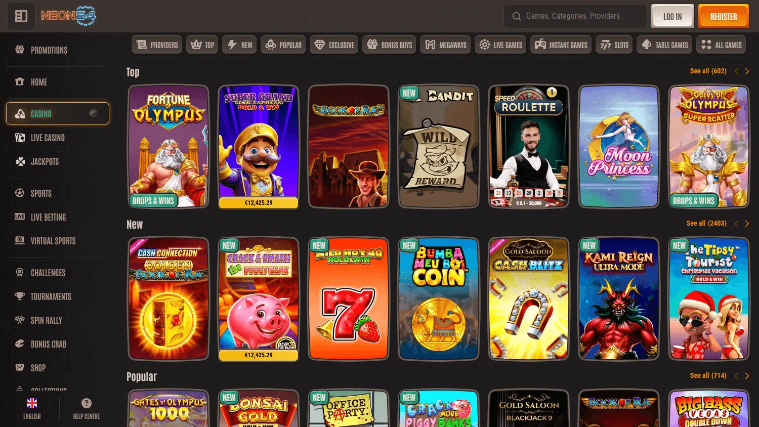 Neon54 Casino game library on desktop