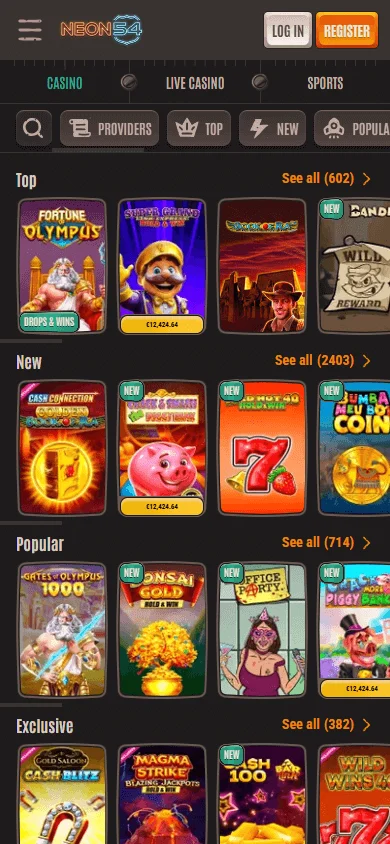 Neon54 Casino game library on a mobile device