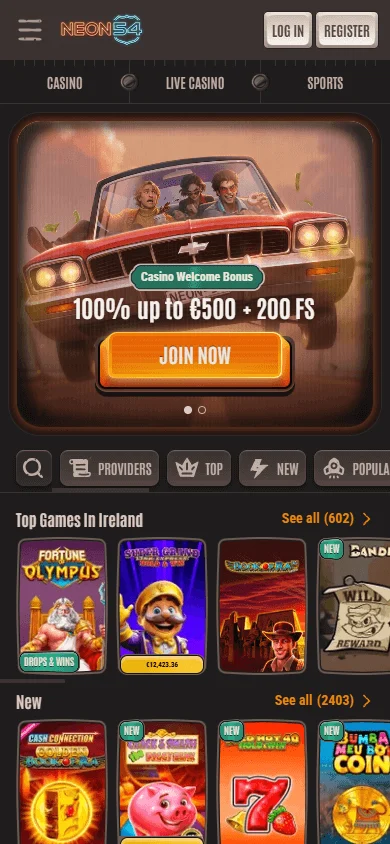 Neon54 Casino home interface on a mobile device