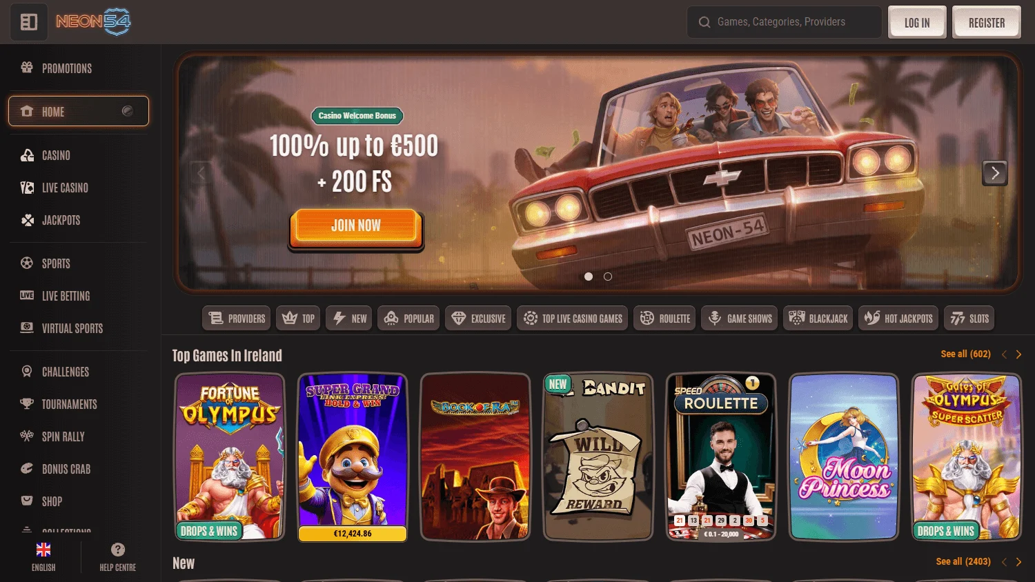 Neon54 Casino home interface on desktop