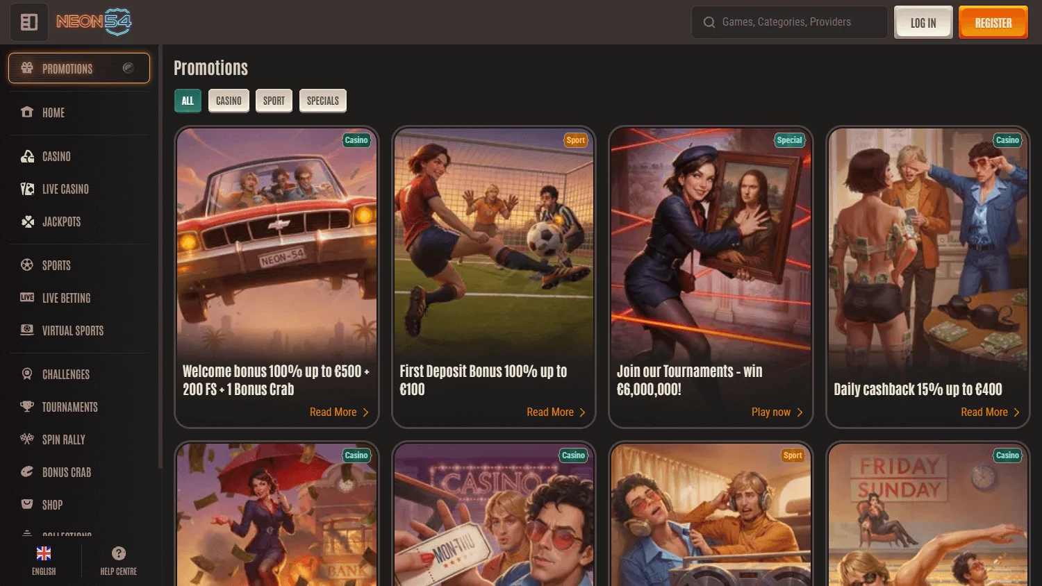 Neon54 Casino promotions area on desktop